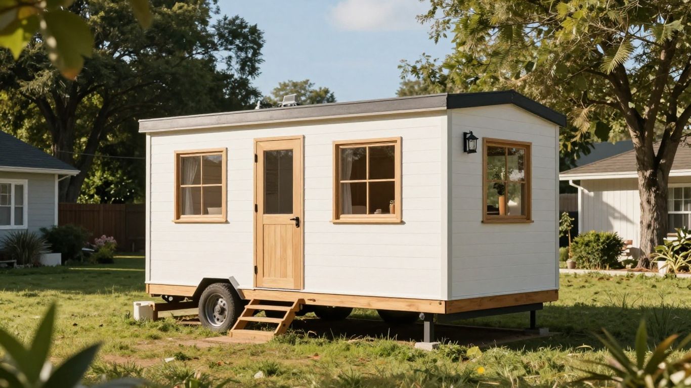Tiny home in a grassy yard.