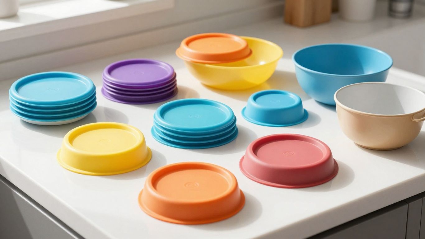 Various sizes of silicone lids covering bowls and pots.