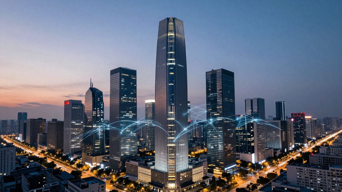 Digital streams connecting modern city skyscrapers at dusk.