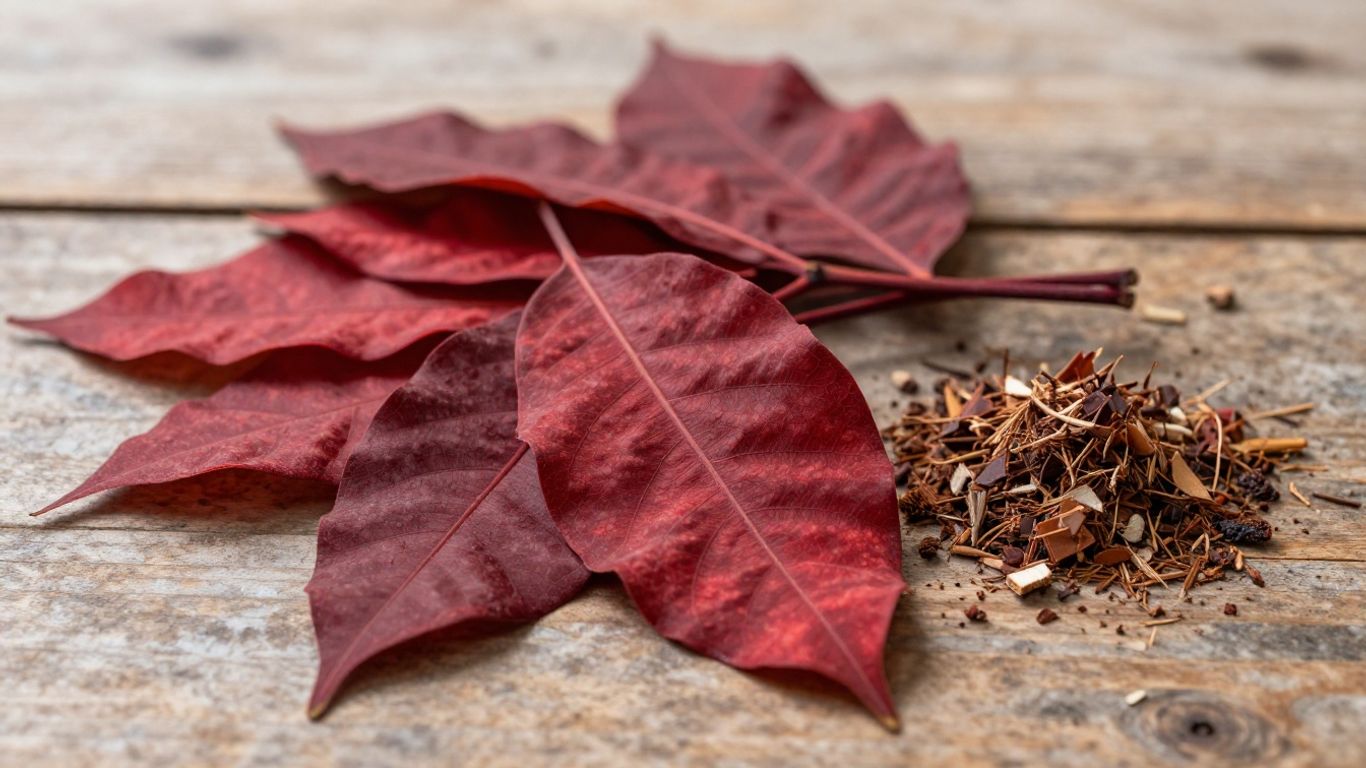 Red Bali Kratom leaves on a wooden surface.