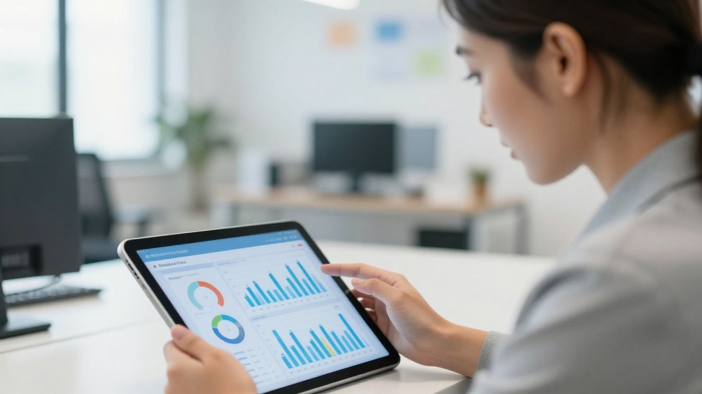 Person looking at a digital tablet with product metrics