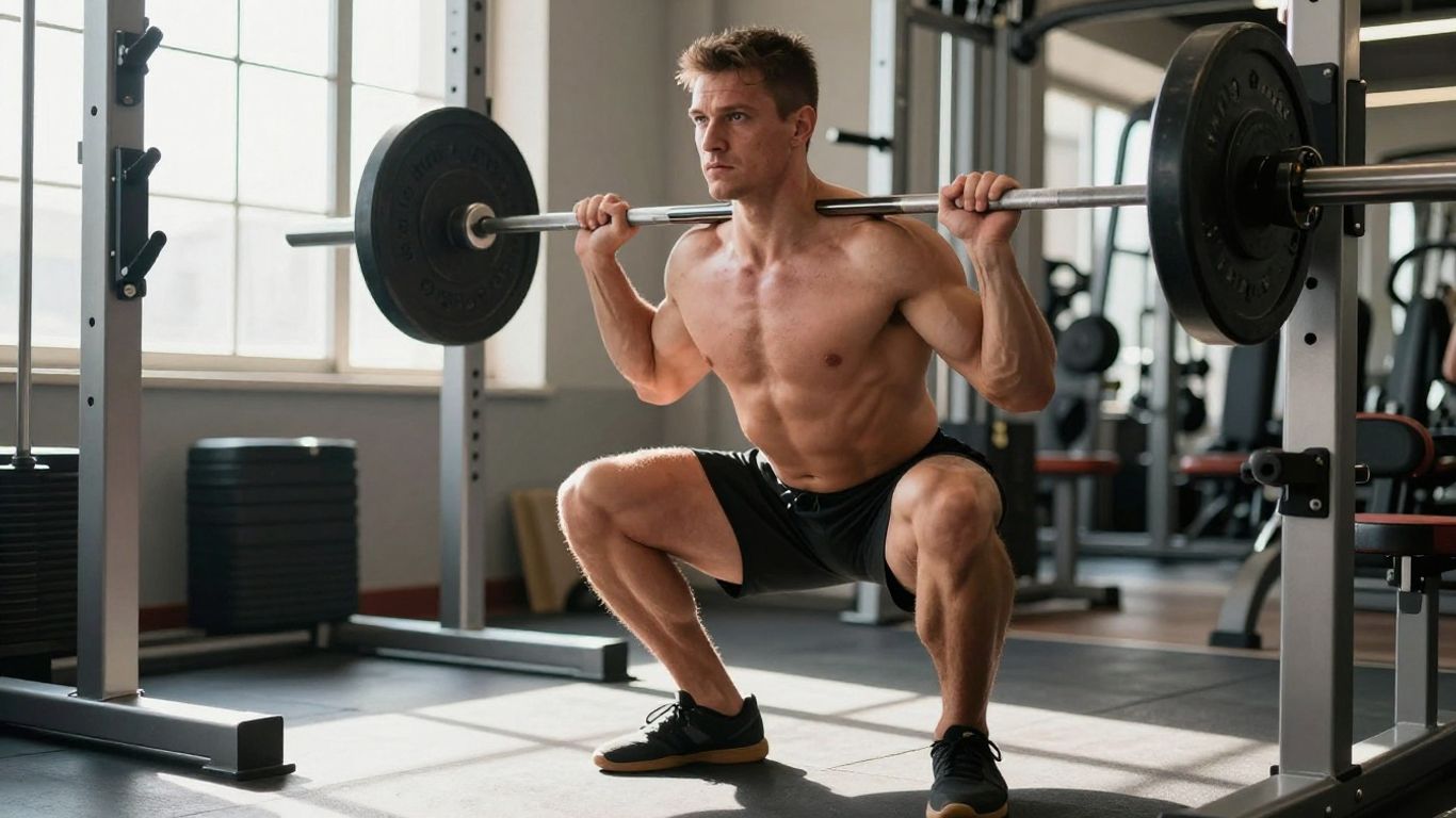 Person doing barbell squats for leg workout.