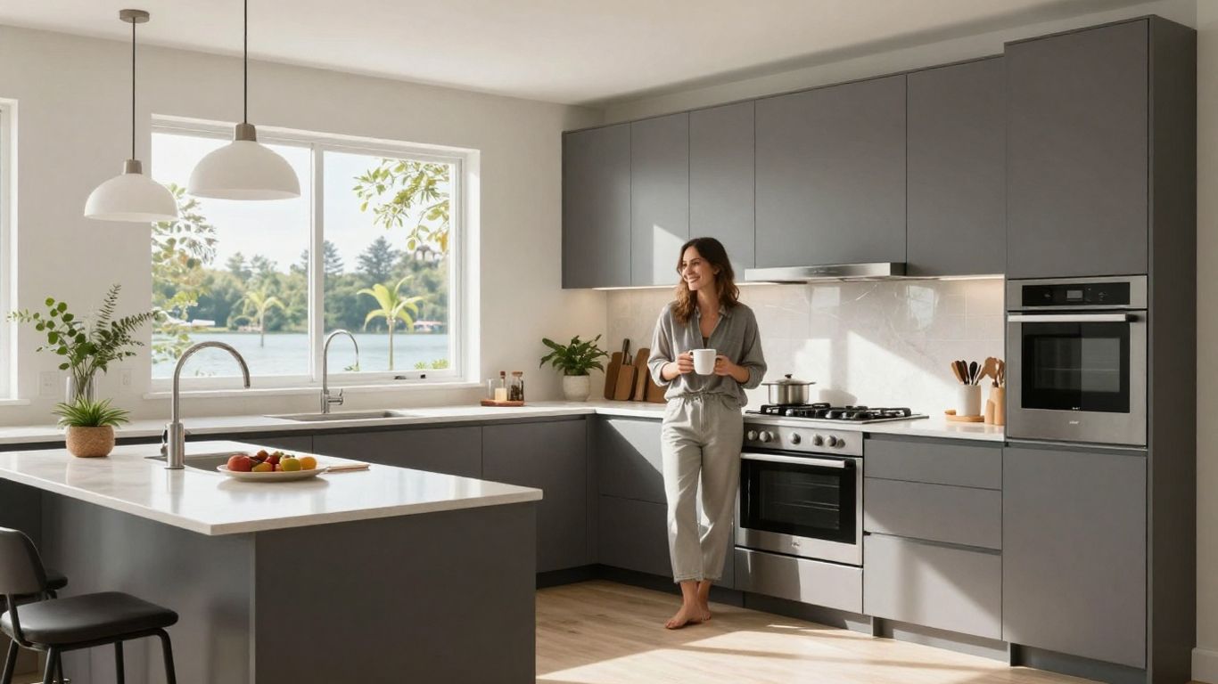 Renovated kitchen with sunlight and happy homeowner.