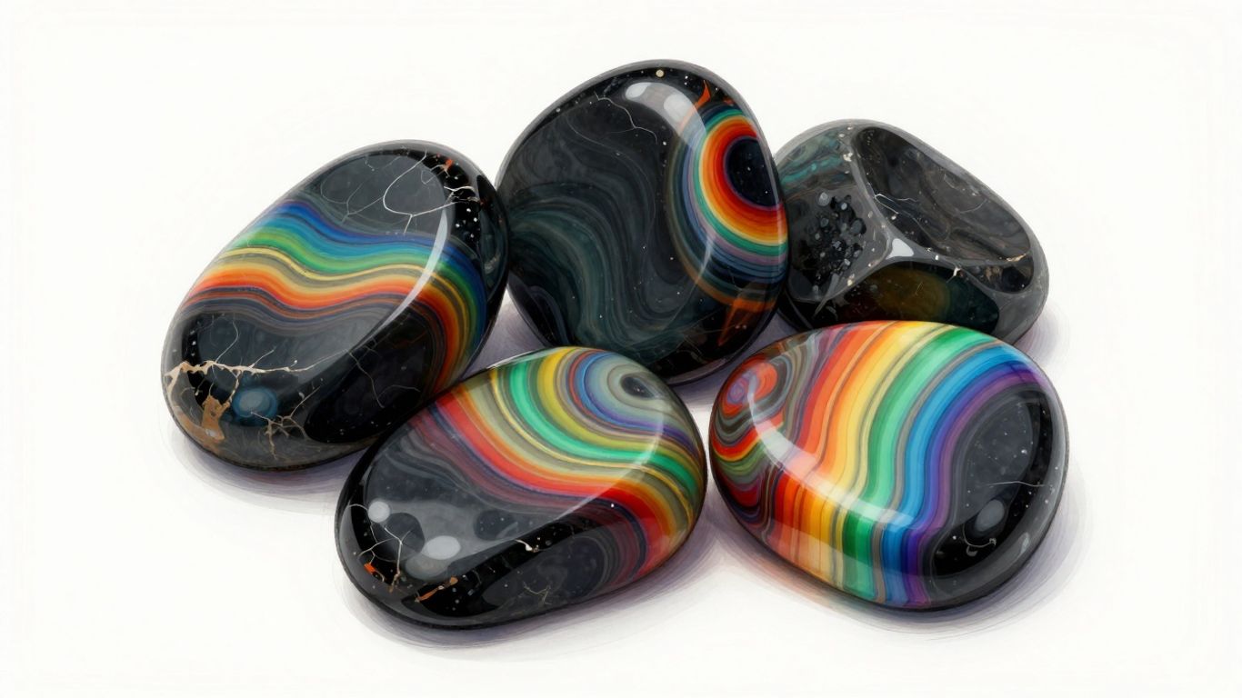 Piedras preciosas de ónix arcoíris con colores vibrantes y arremolinados.