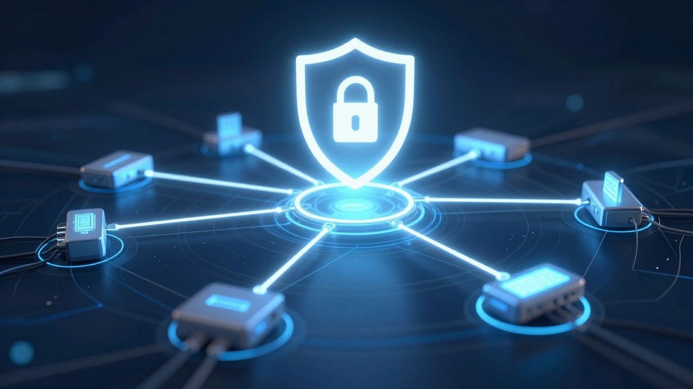 Network devices connected with glowing lines and a protective shield.