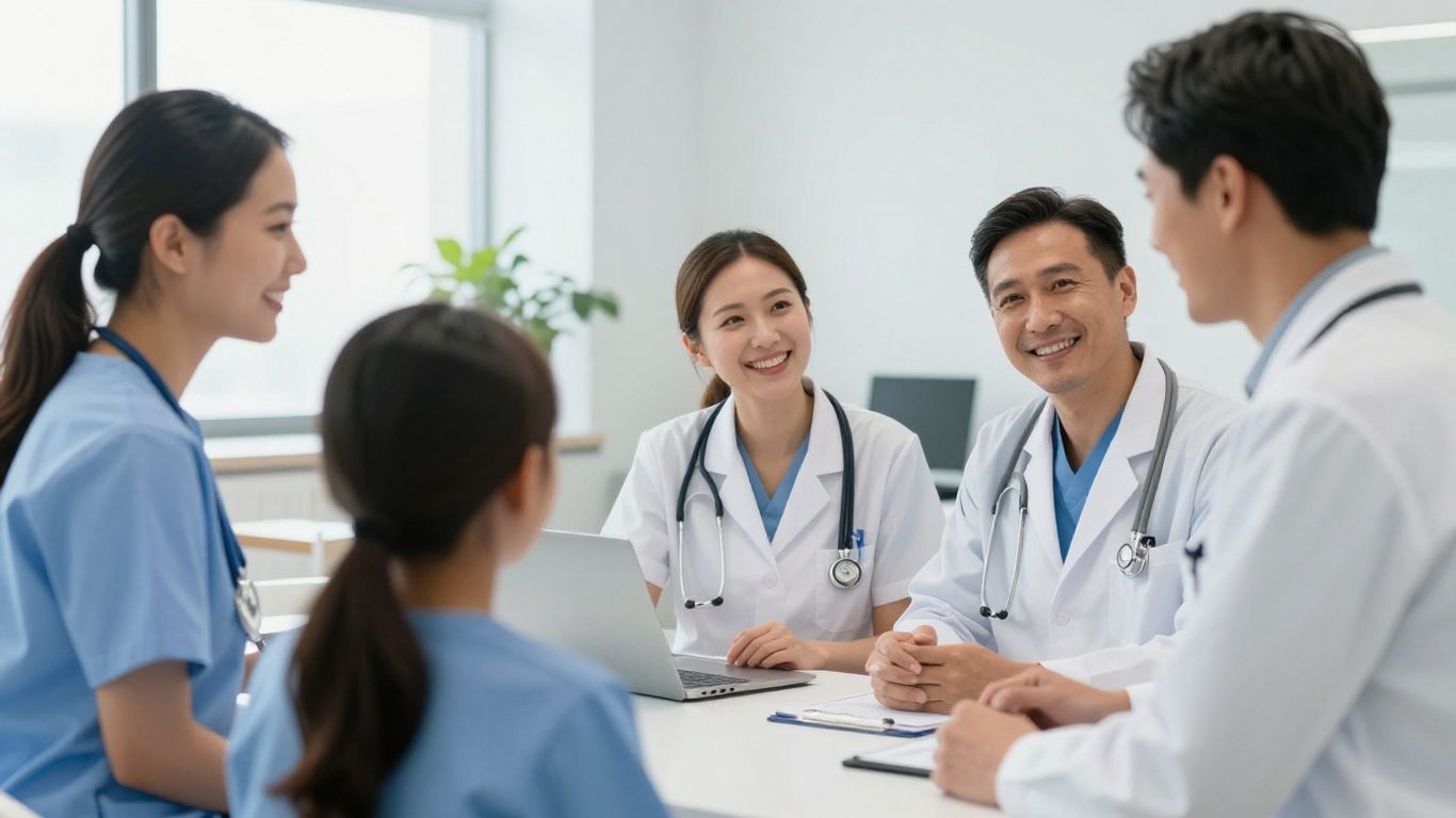 Diverse Americans communicating effectively in a clinic.