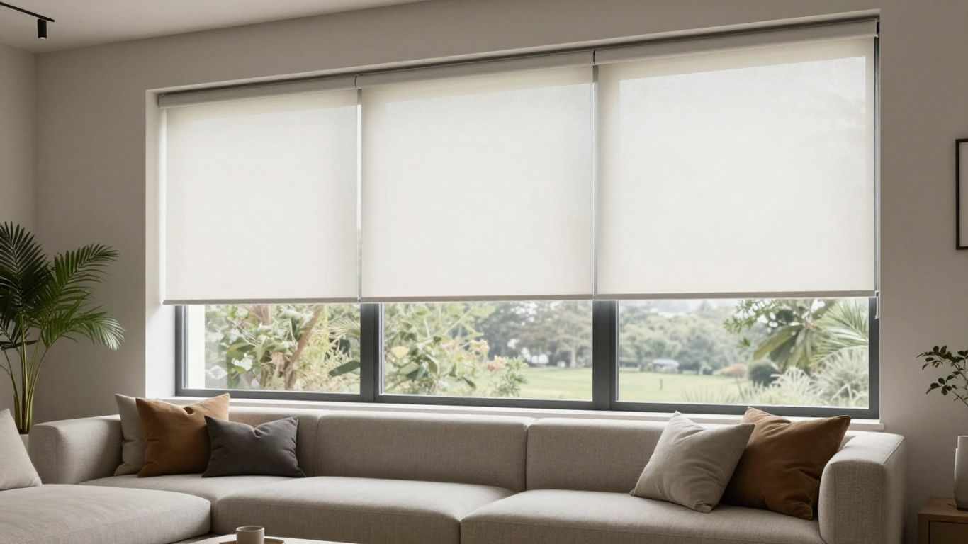Modern living room with motorized shades on large windows