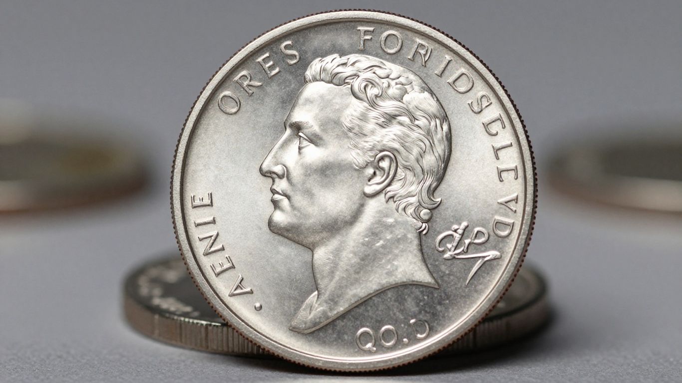 Close-up of a shiny 1 oz silver coin.