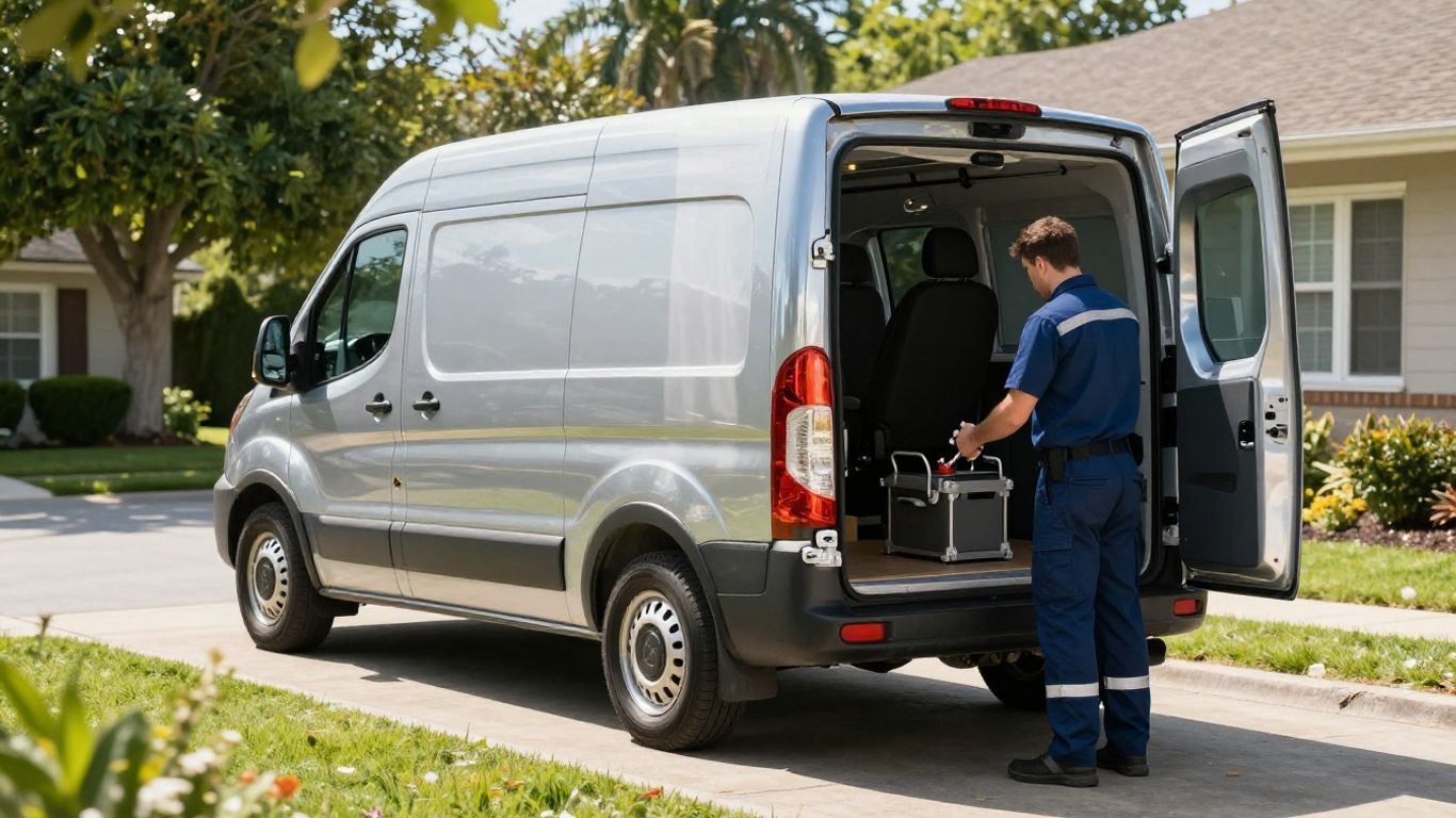 HVAC technician with service van in driveway.