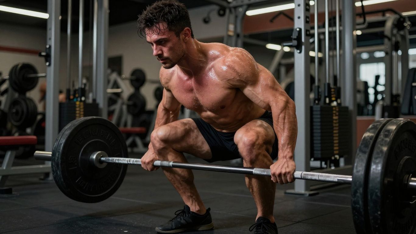 Person doing a heavy barbell squat in a gym.