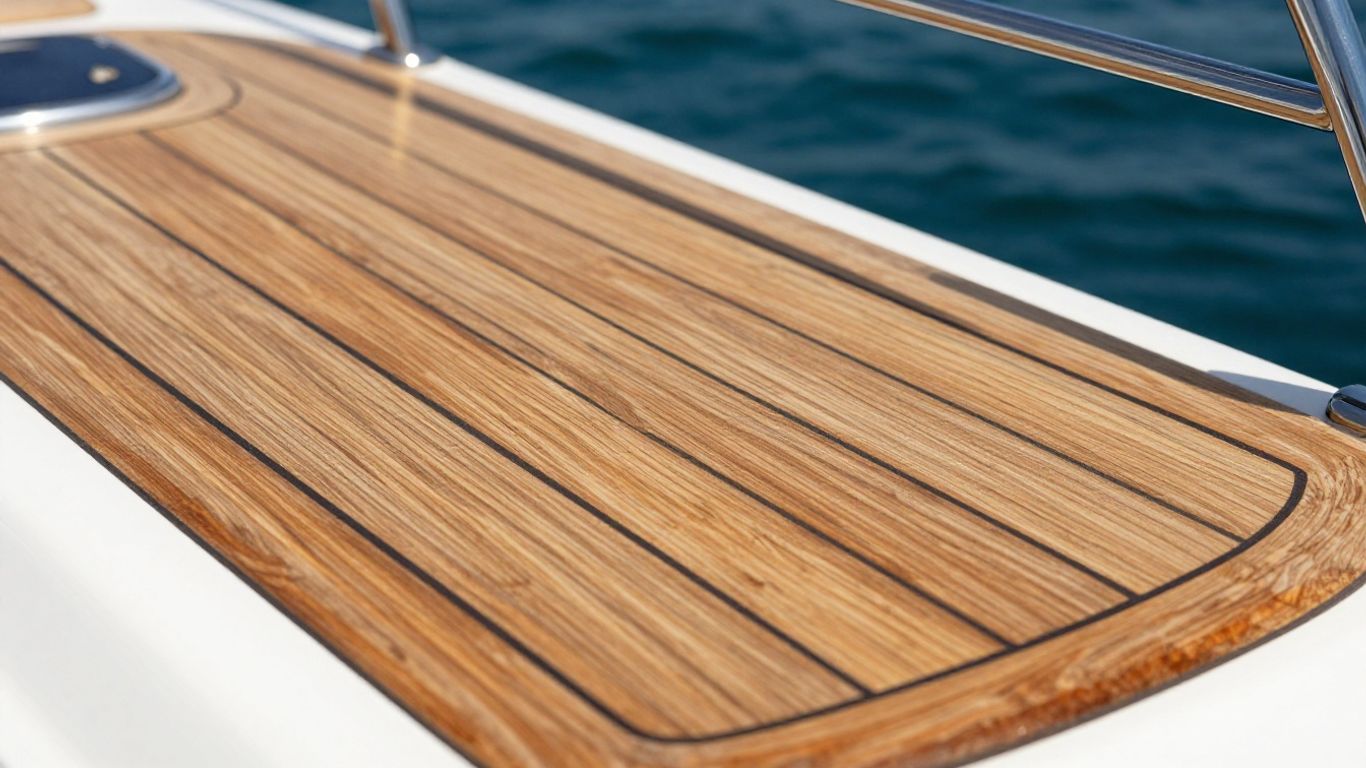 Close-up of a polished wooden yacht deck.