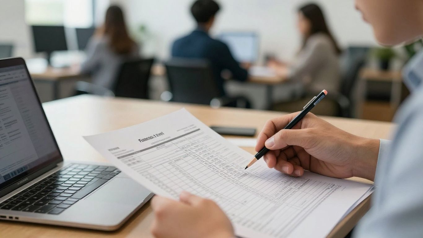 A person checking statement figures against spreadsheet rows