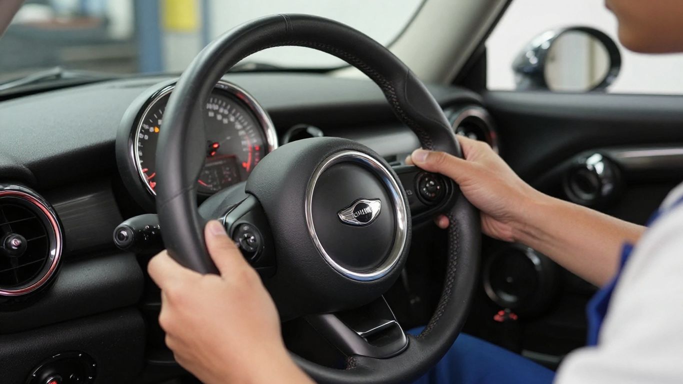 A professional mechanic holding a pristine used Mini Cooper steering wheel