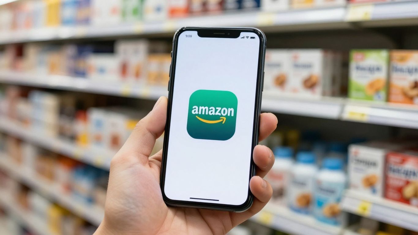 Amazon logo on a smartphone screen with product shelves in background.