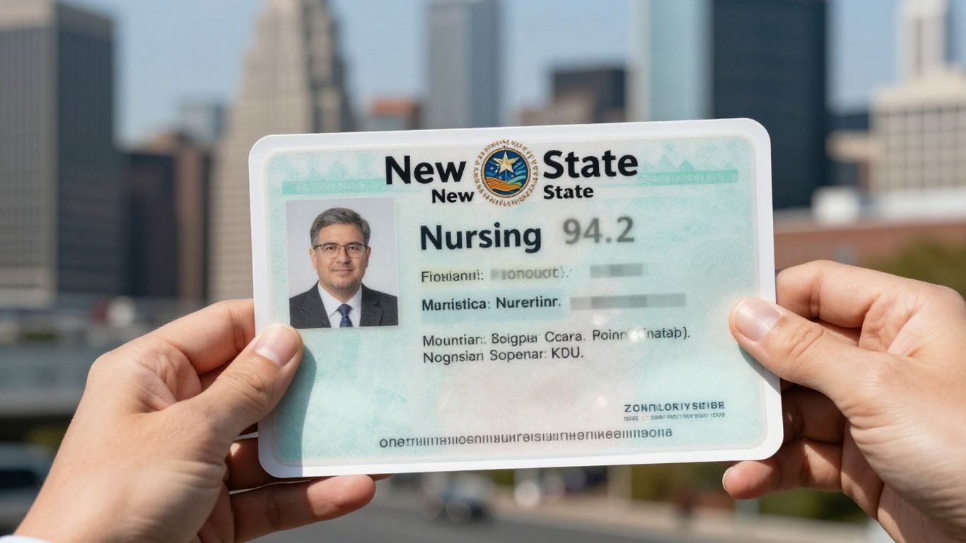 New York nursing license held up against city skyline.