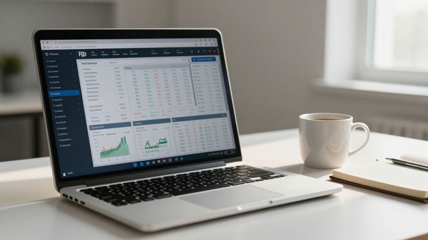 Laptop with e-trading platform on a desk.