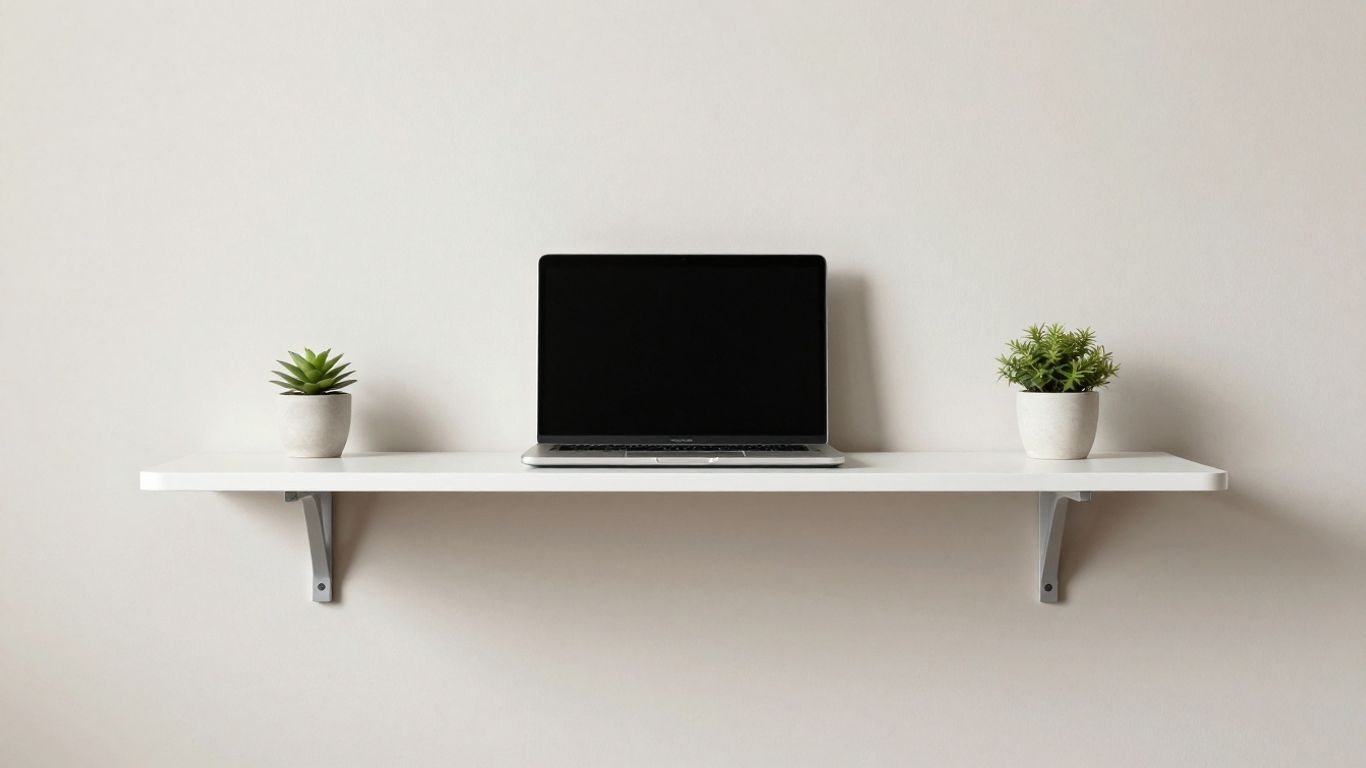 Minimalist floating desk shelf in a small room.