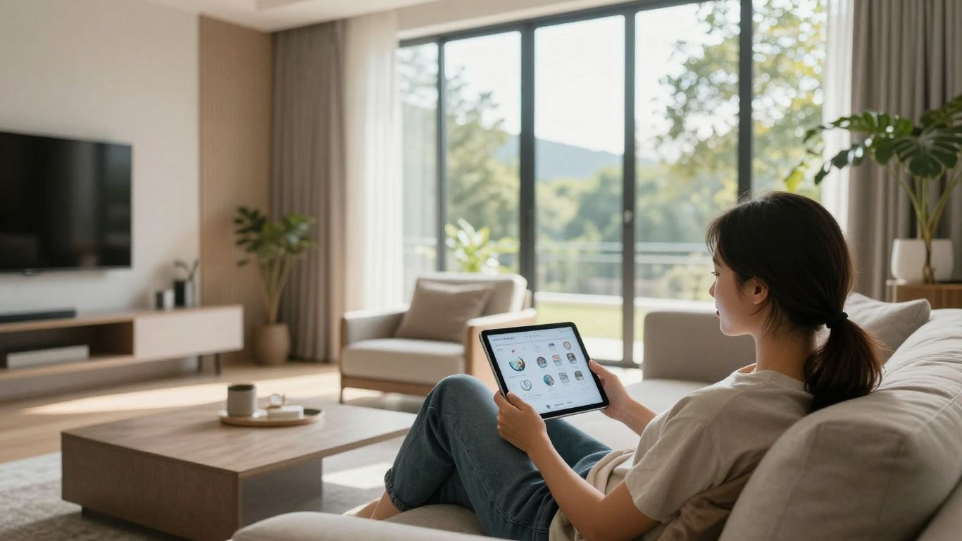 Persona relajada en casa con tablet.