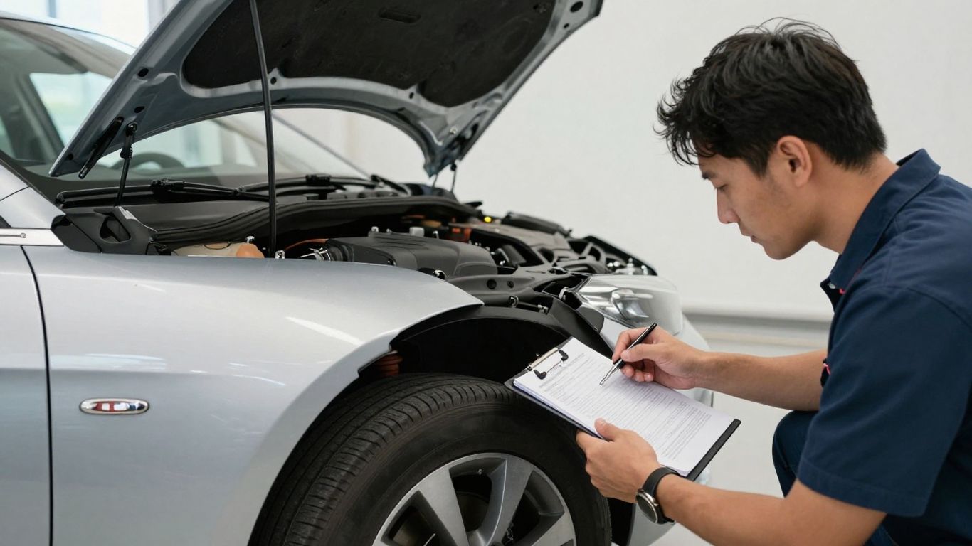 Gebrauchtwagenprüfung mit Dokumenten und Fahrzeugschlüssel