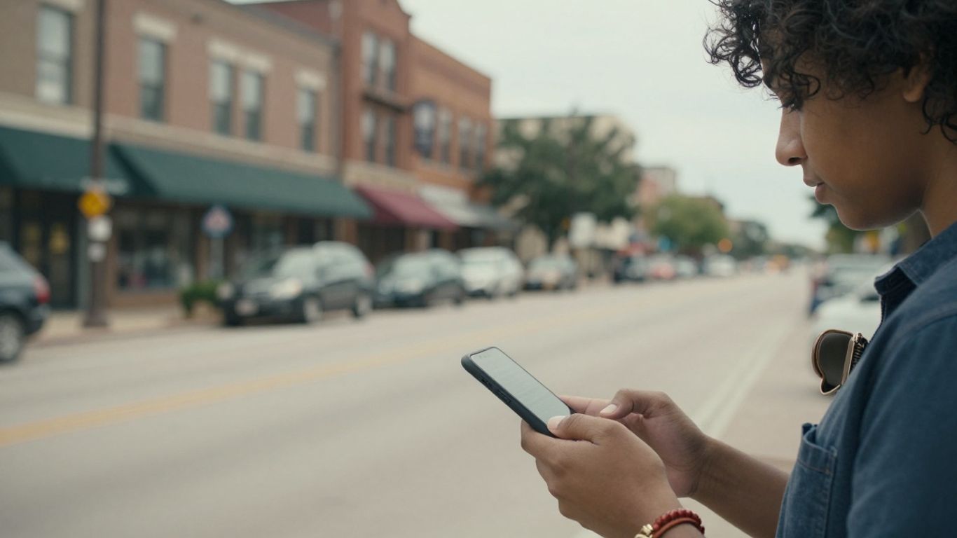 Fort Worth street with person looking at phone and wallet.