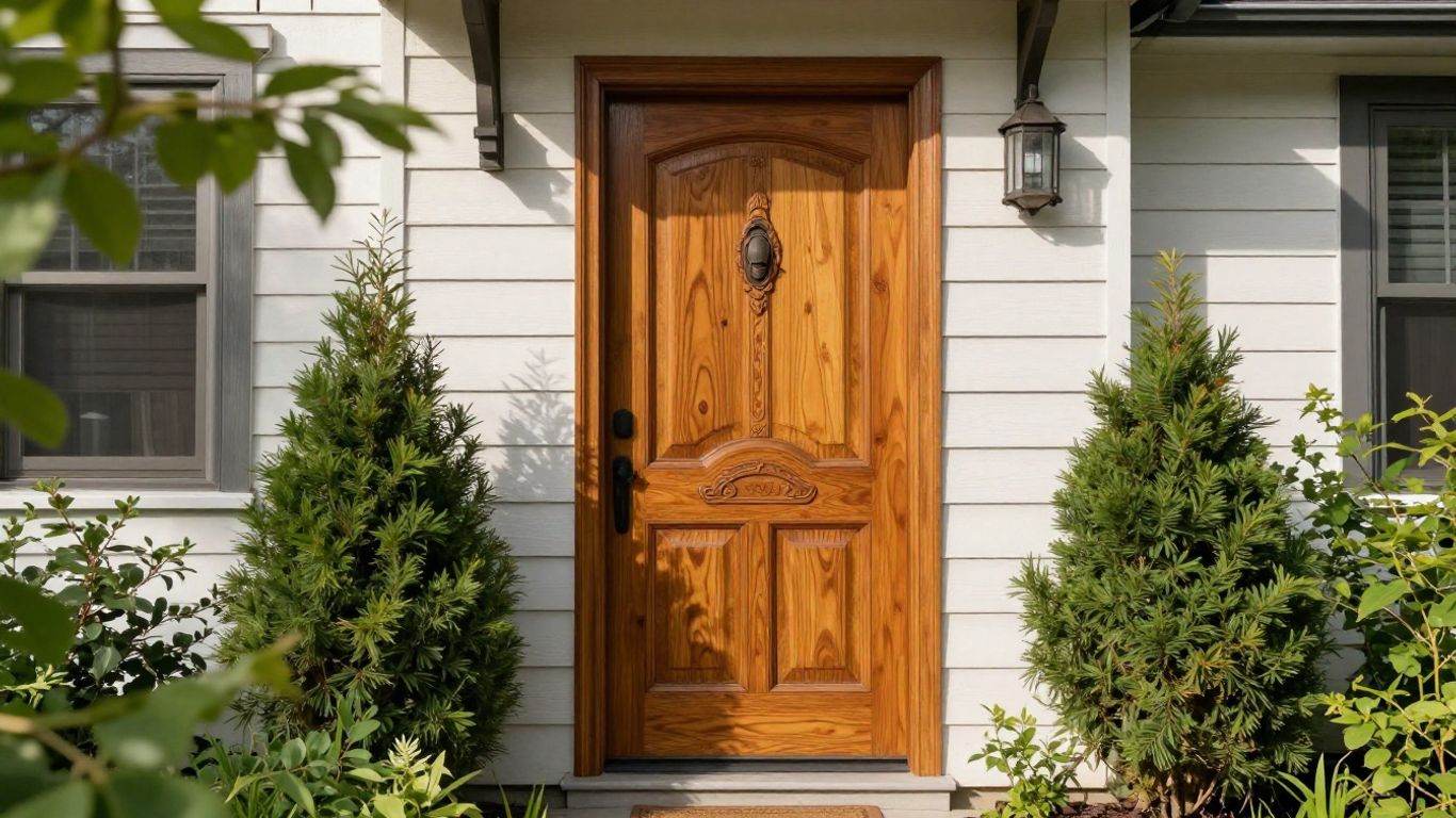 Elegant wooden entry door on a home.