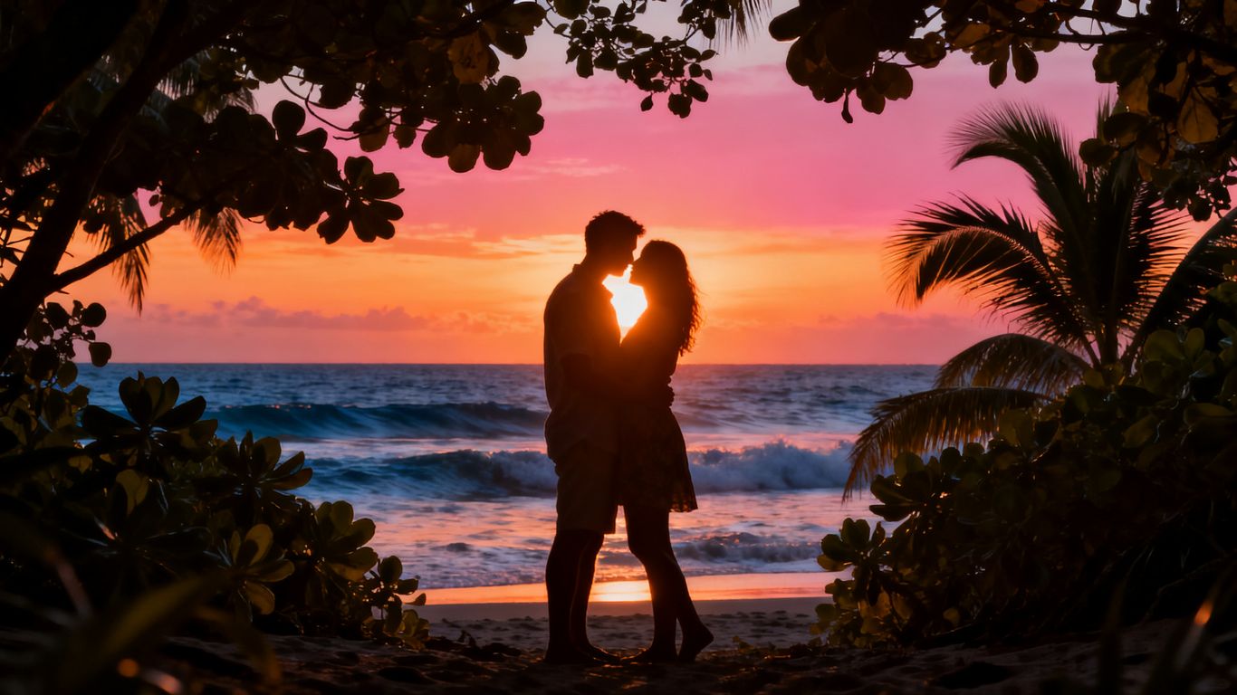 Couple embracing on a serene beach at sunset.