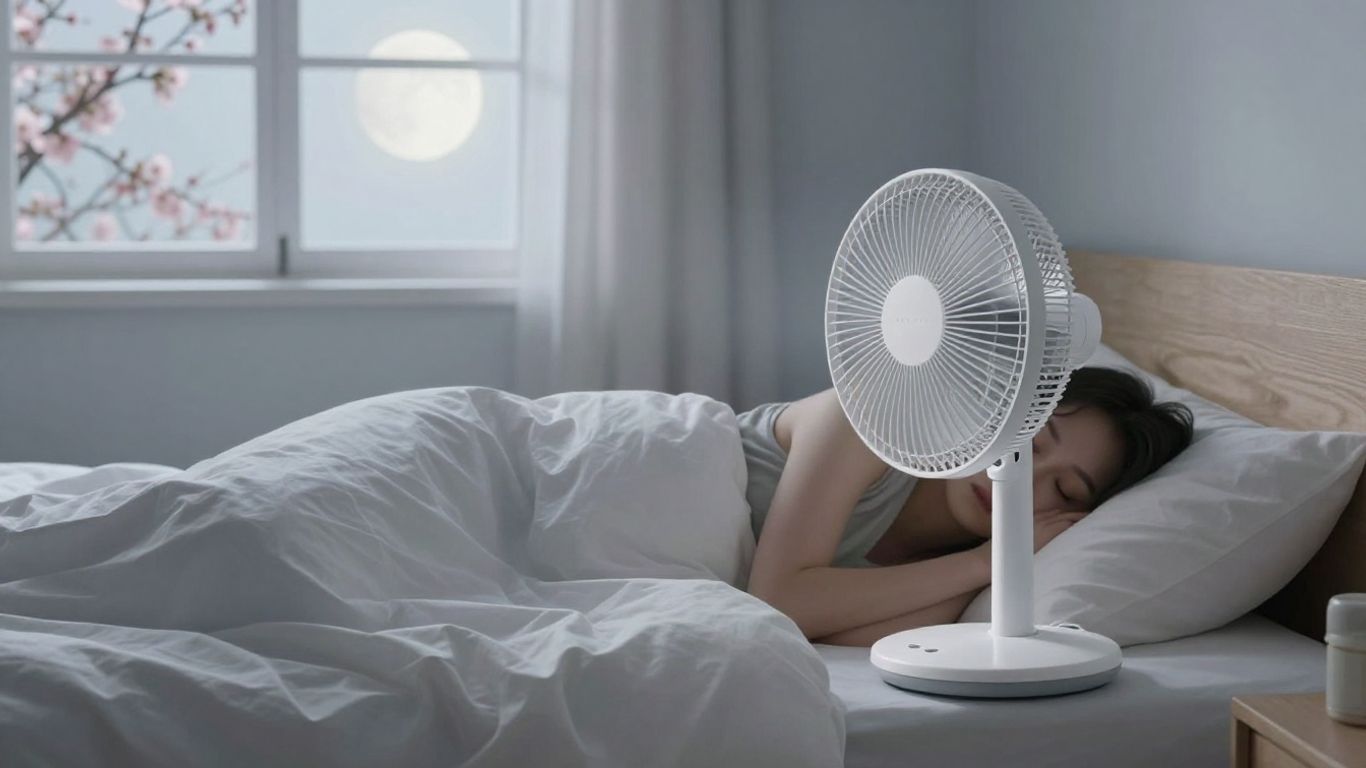 Peaceful bedroom with gentle fan for quiet cooling.