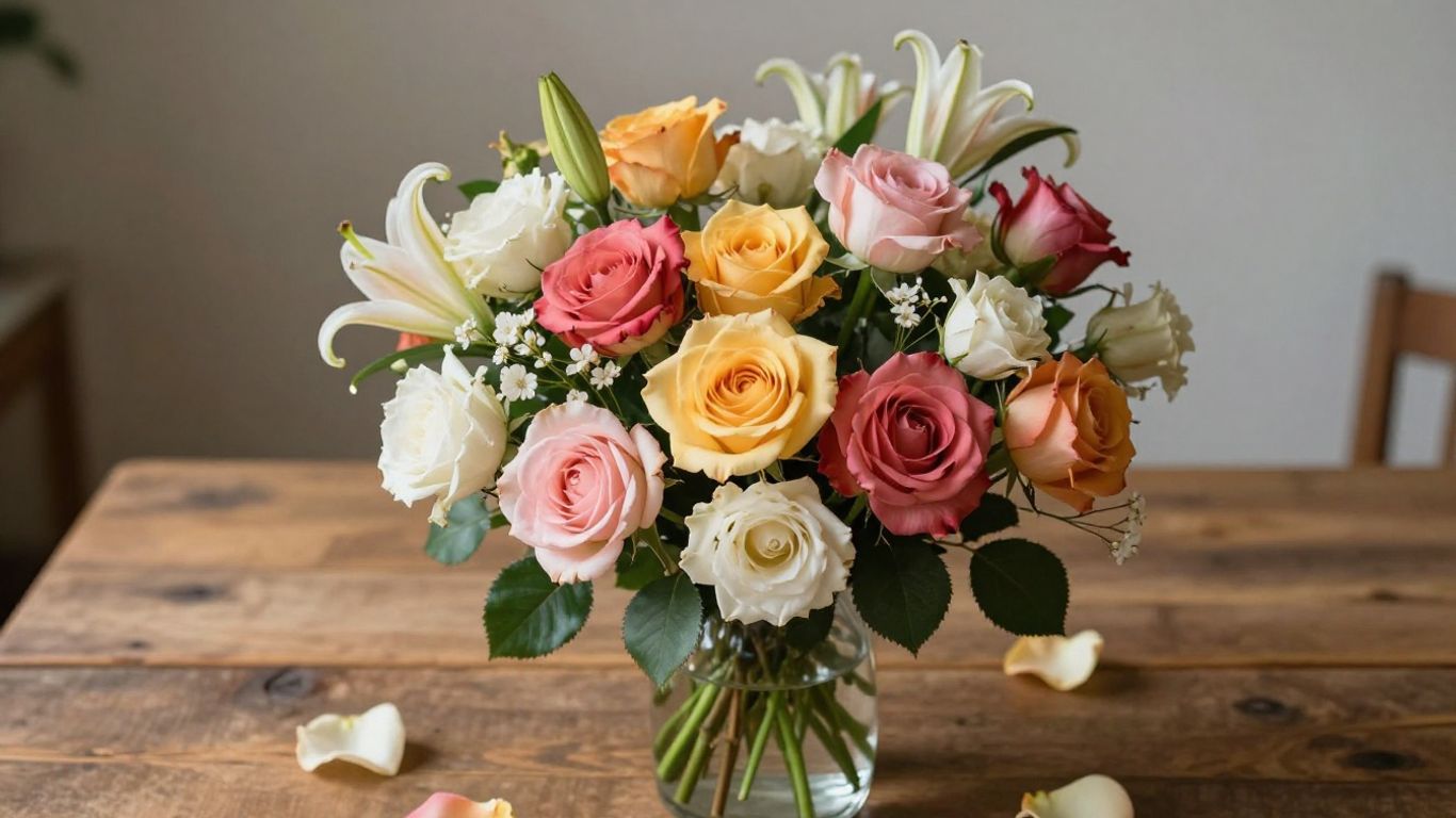 Fresh flower bouquet with roses and lilies for delivery.