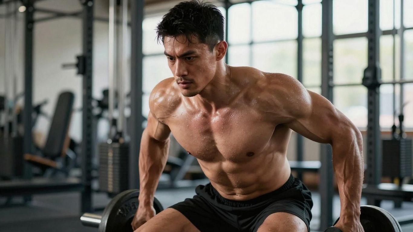 Person lifting weights, showing muscle and effort.