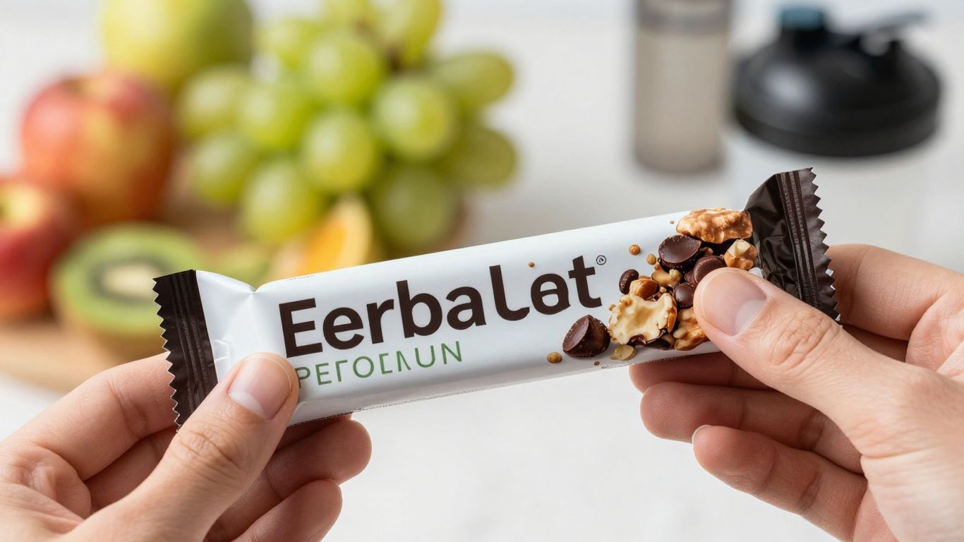 Herbalife protein bar with nuts and chocolate chips.