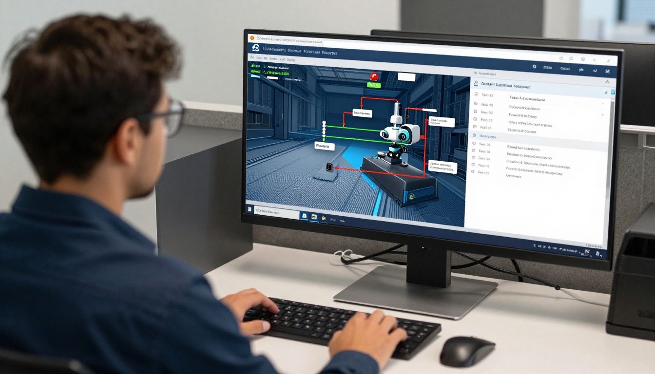 Profissional analisando um fluxo de automação RPA em uma tela com robôs digitais e processos corporativos