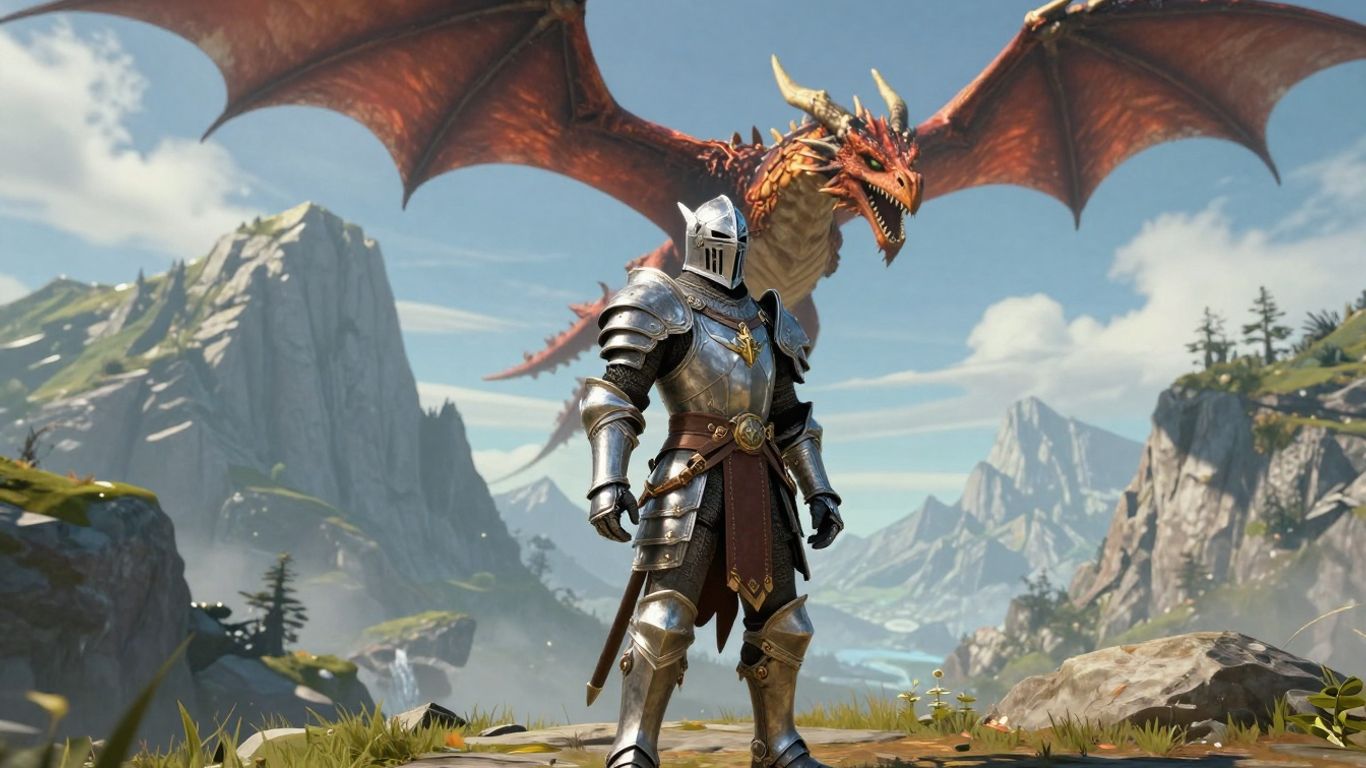 World of Warcraft knight facing a dragon, epic fantasy landscape.