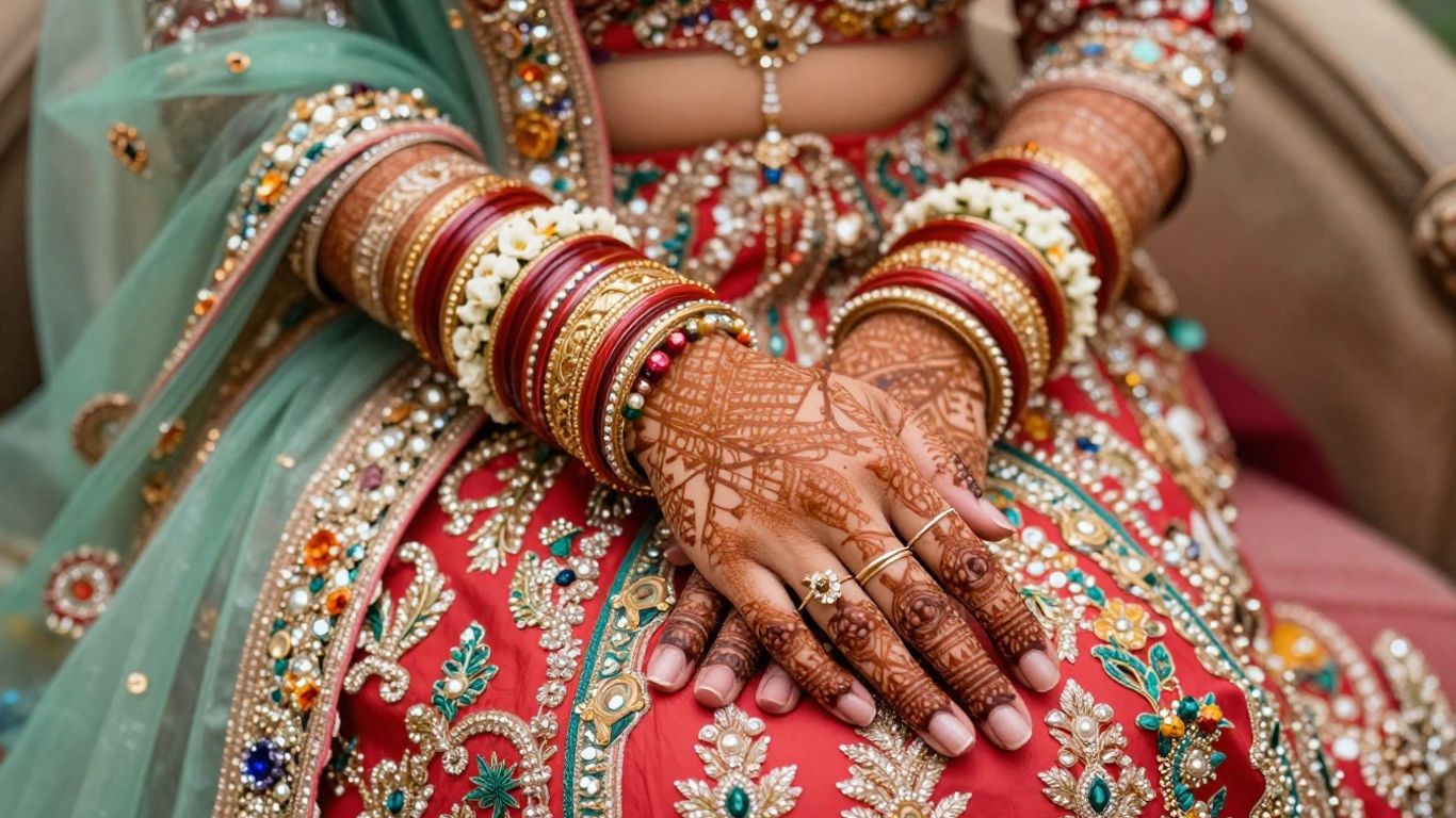 Bridal hands with intricate mehendi and floral jewellery