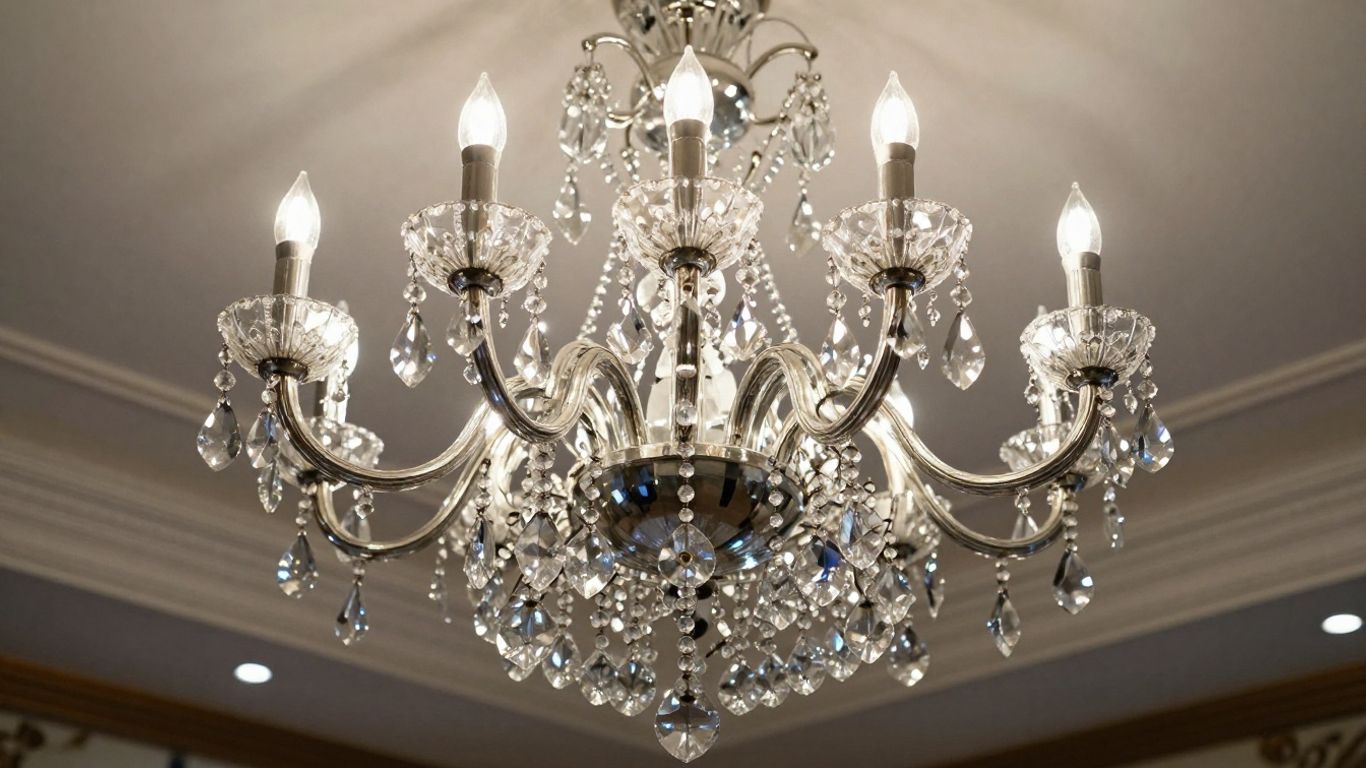 Elegant crystal chandelier hanging in a room.