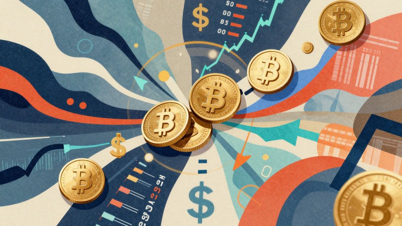 Abstract financial collage with coins and market symbols.