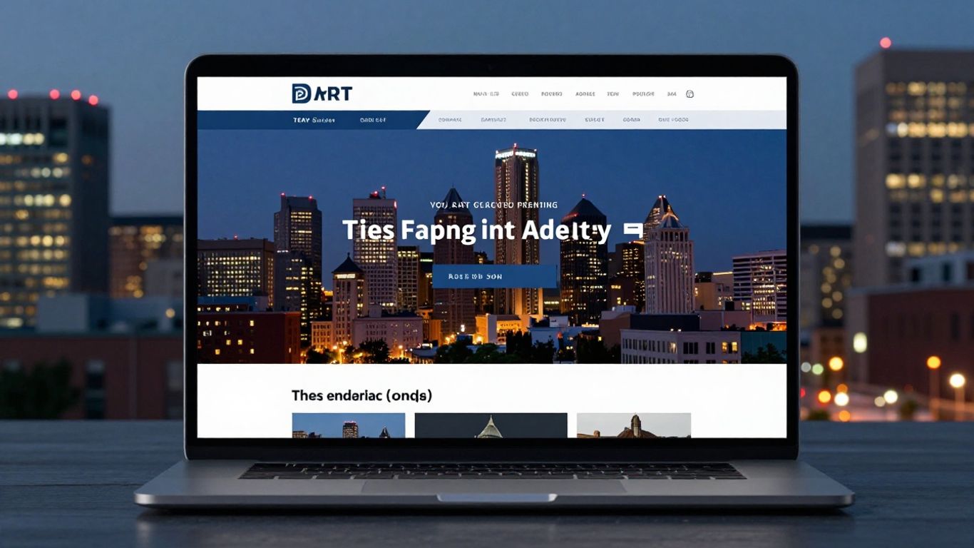 Modern website design with Detroit skyline background.