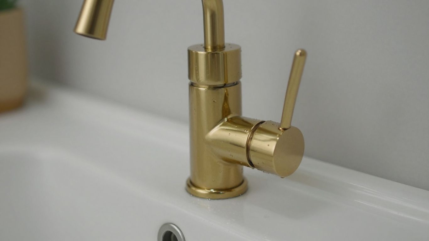 Shiny gold kitchen mixer tap on a white sink.