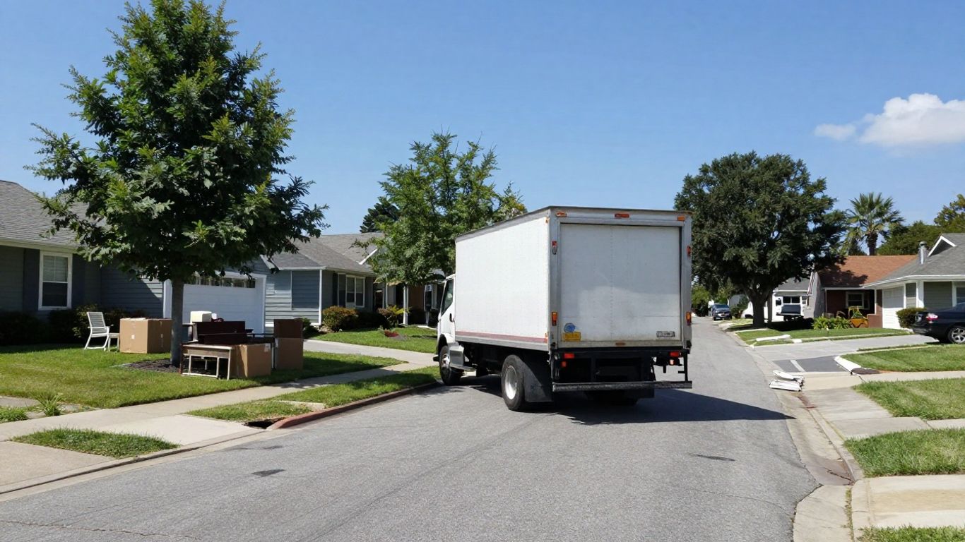 Amherst NY moving day street scene with truck and boxes.