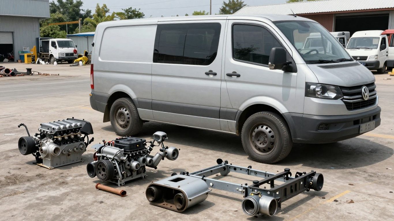Dismantled Volkswagen Crafter van parts in a wrecking yard.