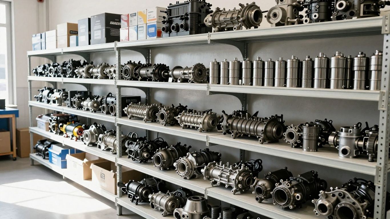 BM Spares auto parts warehouse with transmissions and engine components.