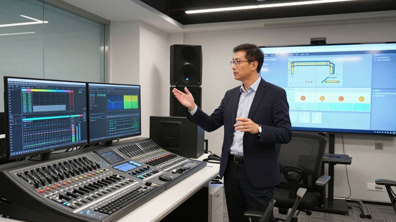 Consultant audiovisuel dans un bureau moderne avec équipement high-tech.