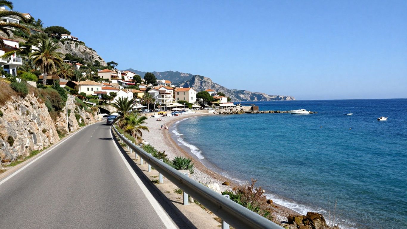 Coastal road leading to Cap d'Agde with blue sea.