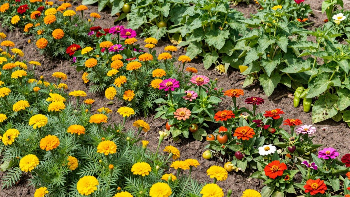Blumen und Gemüse wachsen nebeneinander im Garten.