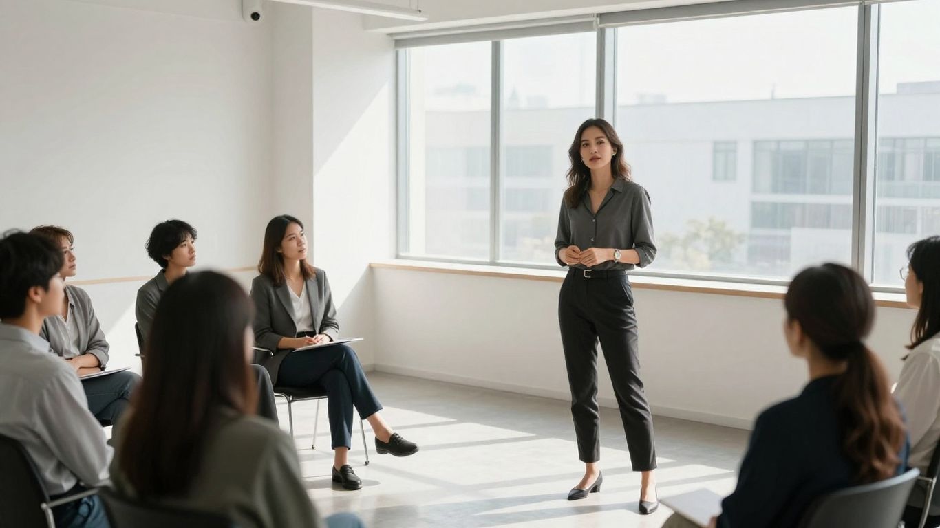 Mujer exitosa liderando una sesión de formación