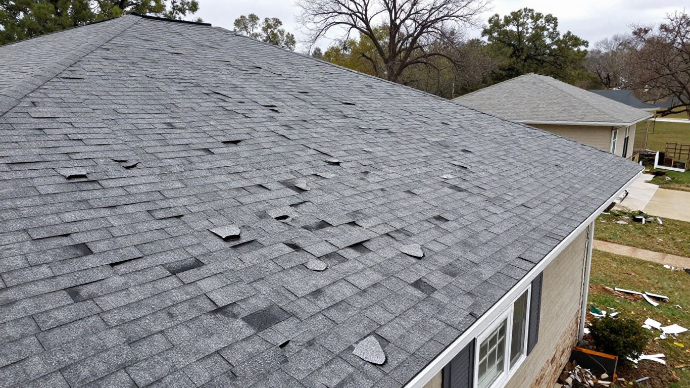 Roof with hail damage, cluttered yard, overcast sky.