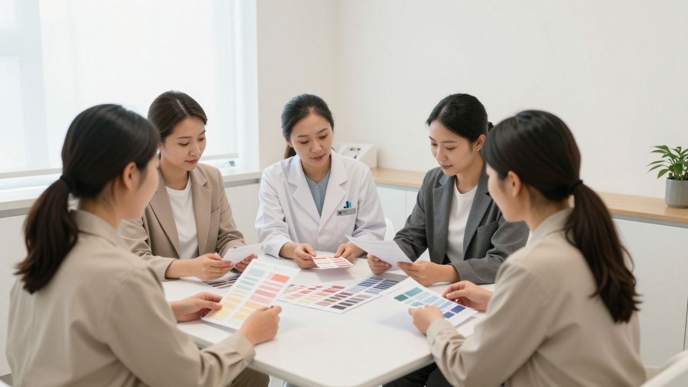Aesthetic clinic team reviewing brand materials