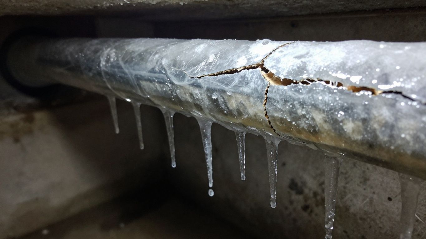 Frozen water pipe with icicles and a crack.