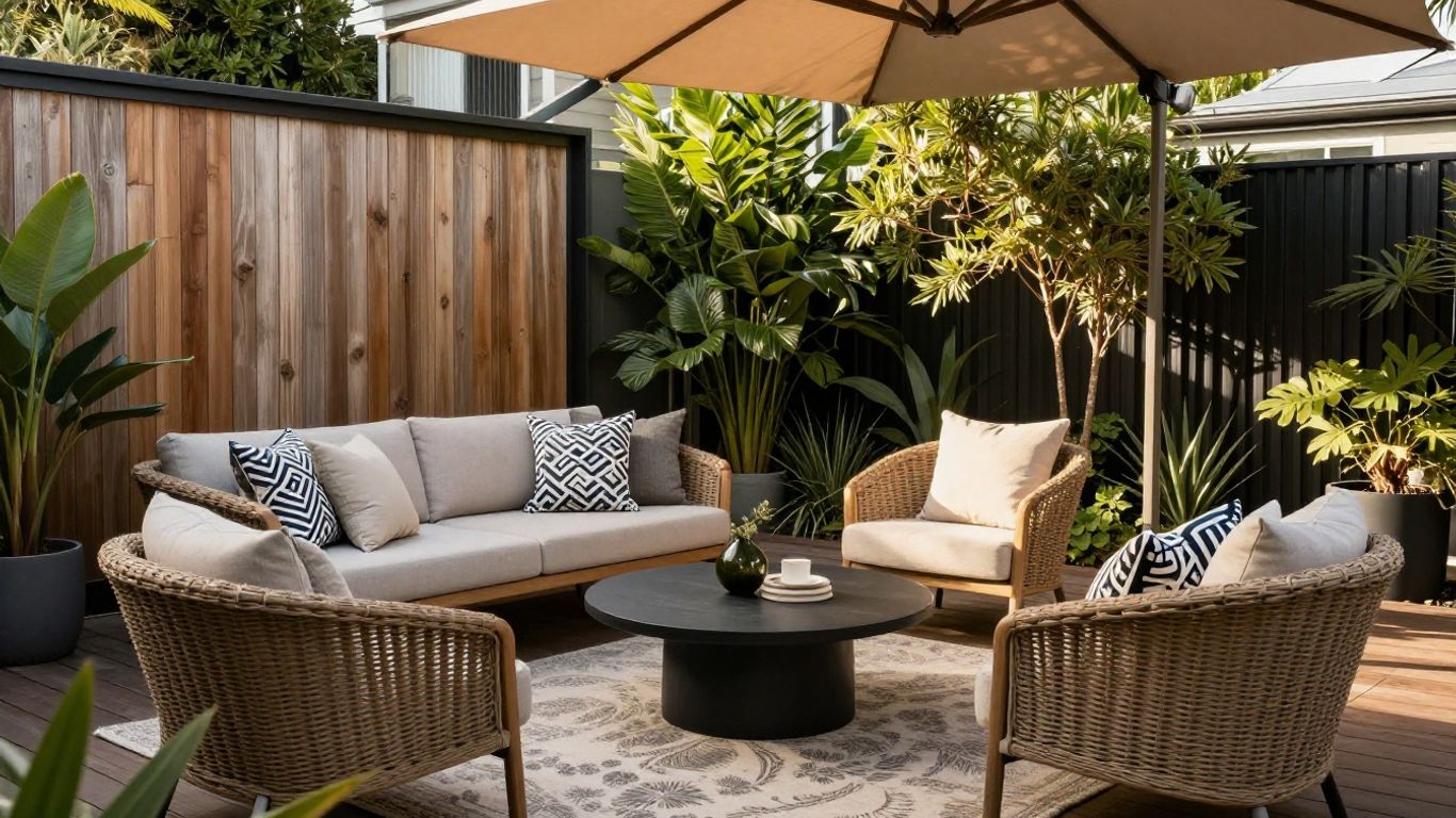 Layered outdoor lounge with shade and cushions
