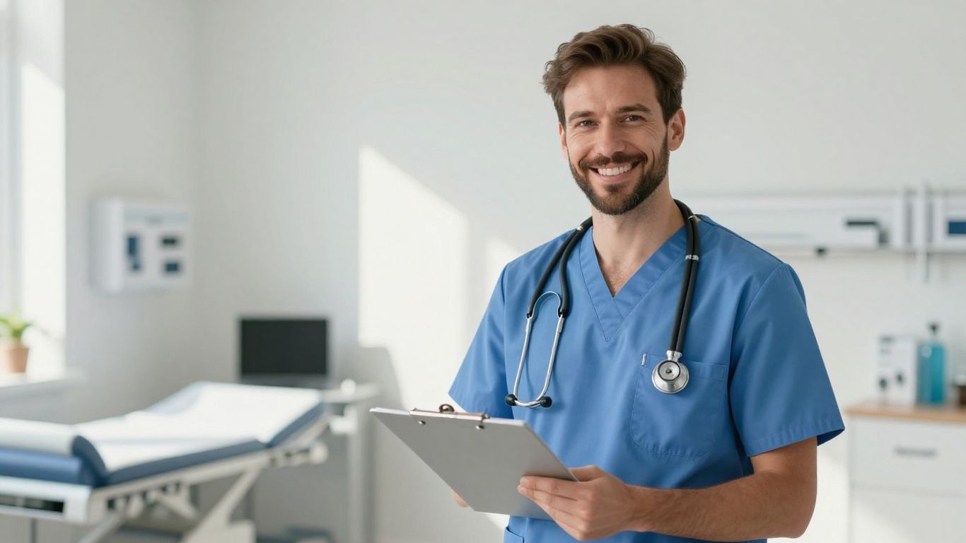 Medical assistant in clinic with stethoscope and clipboard.