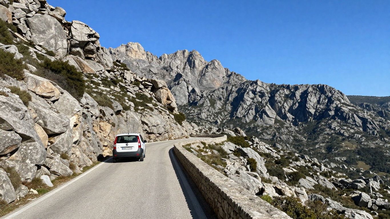 Compact car parked beside Corsican mountain road